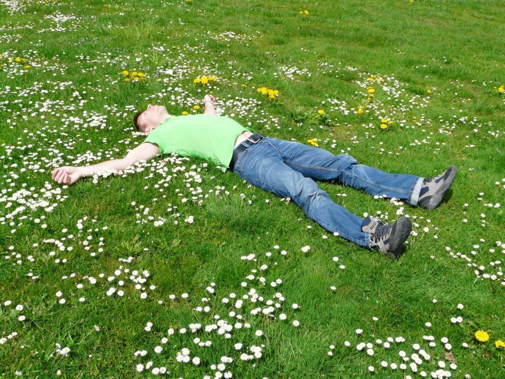 A man resting in a field of grass and flowers. Rest is essential medicine, according to Integrative Ayurvedic Medicine.